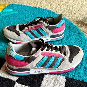 Adidas Sneakers. Suede. Light Grey, Teal, hot pink, and dark brown. Size 12.